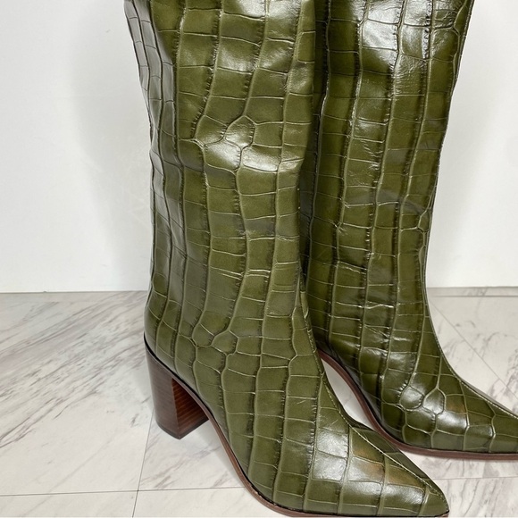 Schutz Maryana Green Crocodile Embossed Tall Block Heel Boot 5B - Picture 12 of 16